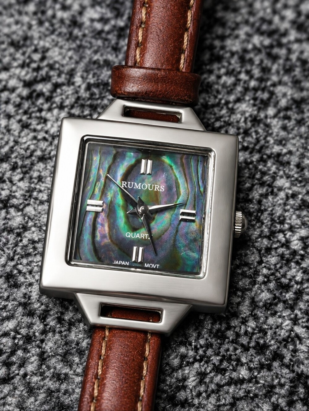 Vintage Rumours Abalone Mother of Pearl Square Quartz Watch Brown Leather CC
